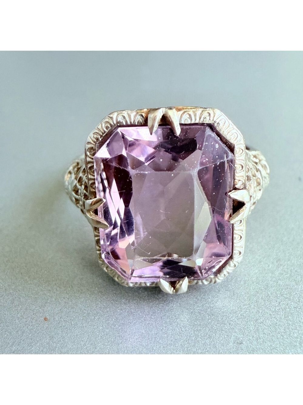 Estate 14K White Gold Antique Art Deco 5 CT Emerald Cut Amethyst Ring